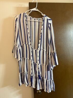 blue island Blue and White Striped V-Neck Tiered Mini Dress